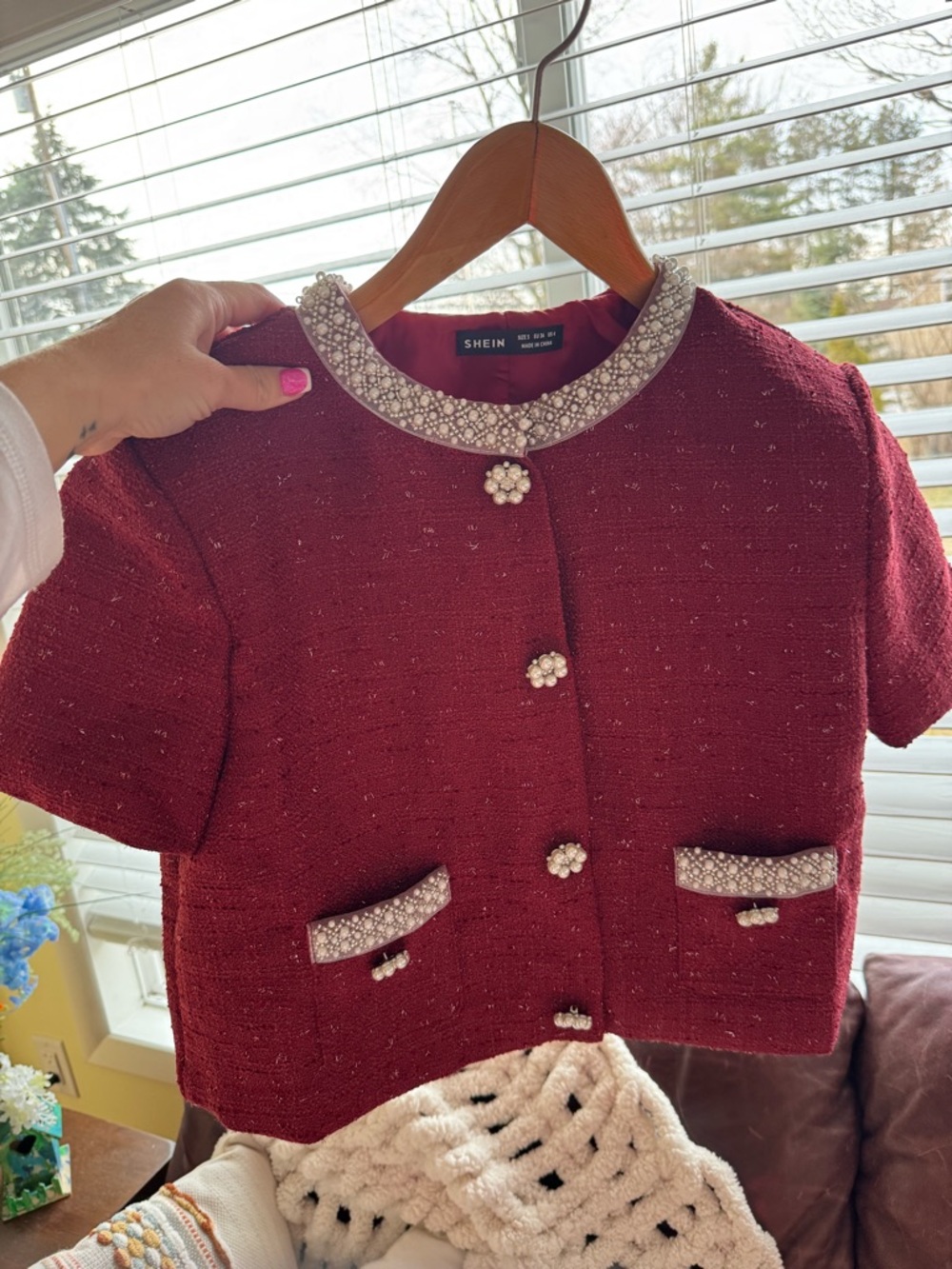 SHEIN Burgundy Pearl-Trim Tweed Crop Jacket
